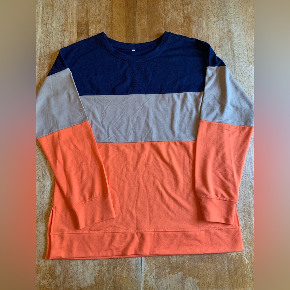 Colorblock Long Sleeve crewneck lightweight sweatshirt  - Navy, Tan, Orange